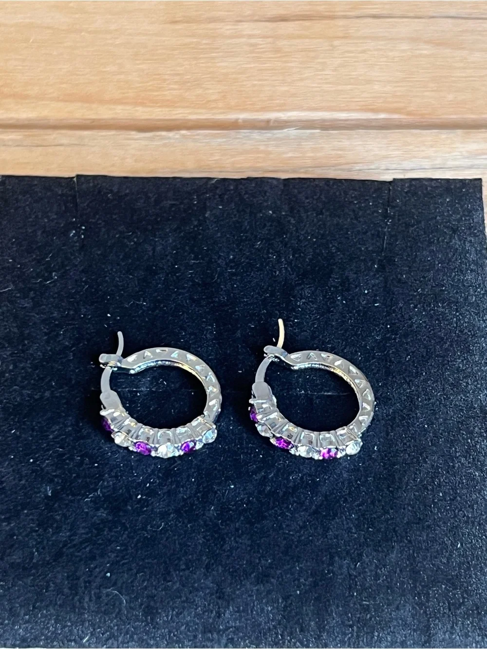 Silver Tone Hoop Earrings with Purple and Clear Stones - Women Jewelry